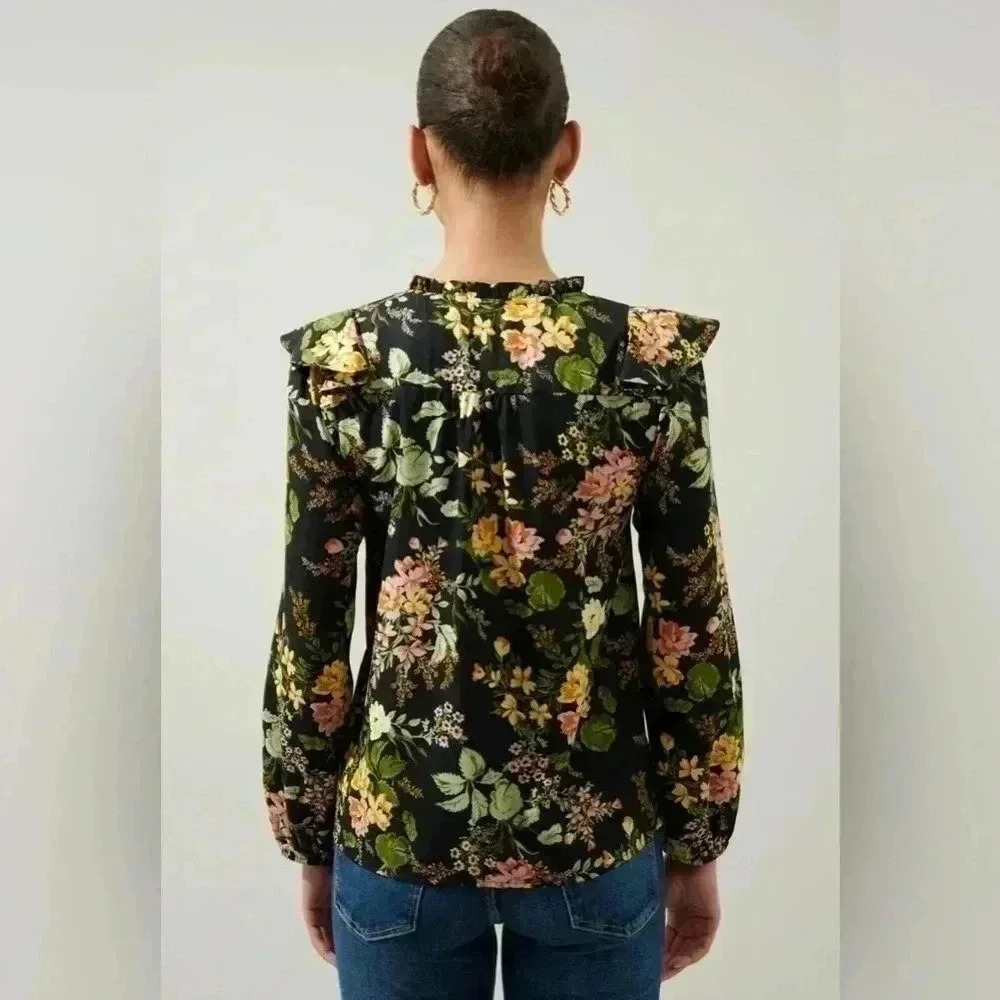 Sugarlips Night Bloom Wilhem Ruffle Blouse - Black Multi - Picture 2 of 10